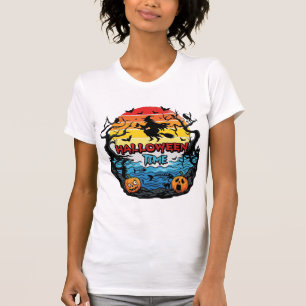 Camiseta Época do Halloween Bruxas Abóboras Morcegos Pôr do