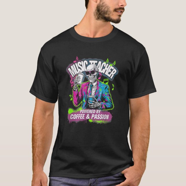 Camiseta Equipado Com Café Passion Skeleton Music Professor (Frente)