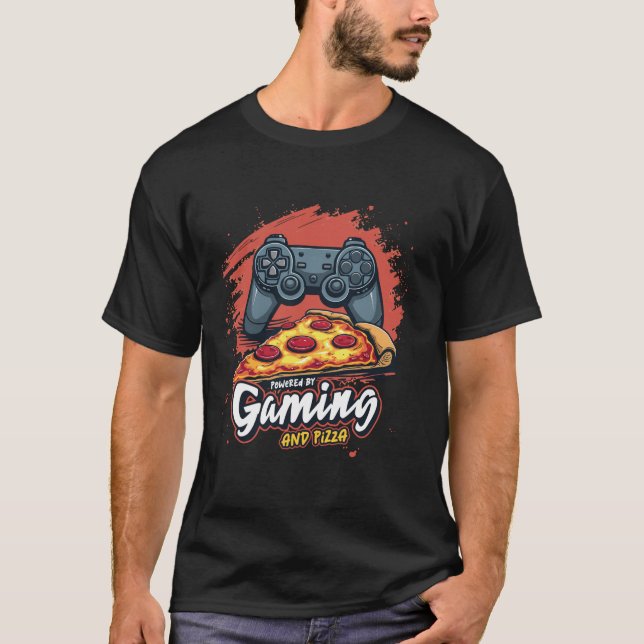 Camiseta Equipado com Videos games de Gaming e Pizza Funn (Frente)