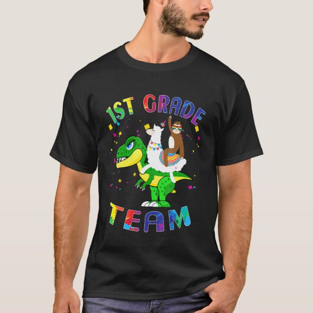 Camiseta Equipe da 1ª Série Llama Sloth Rex Primeiro Dia de (Frente)
