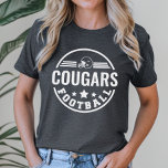 Camiseta Equipe de futebol personalizada com Cinza do númer<br><div class="desc">T-Shirt de futebol da Frente e Traseira Personalizada em cinzas escuras. Design apresenta um logotipo na moda redondo com capacete de futebol,  estrelas e listras. Personalize com o nome do seu jogador de futebol,  número de camisa e sobrenome. Inclui um sotaque de futebol nas costas.</div>
