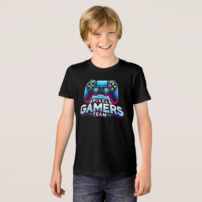 Camiseta Equipe de Gamers de Pixel - Futuras Crianças de Jo (Frente Completa)