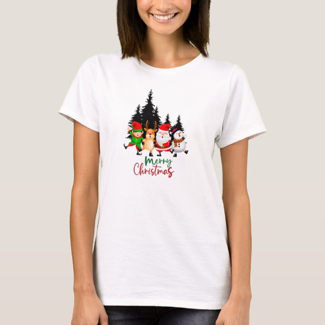 Camiseta Equipe de Natal Dançante Fofa com Papai Noel, Rena (Frente)