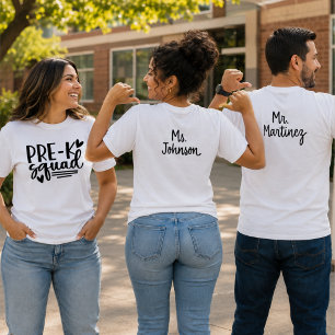 Camiseta Equipe de Pré-K com o Nome do Professor nas Costas