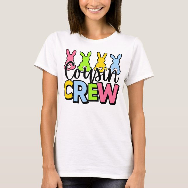 Camiseta Equipe de Primos Coelhos de Páscoa Coloridos (Frente)