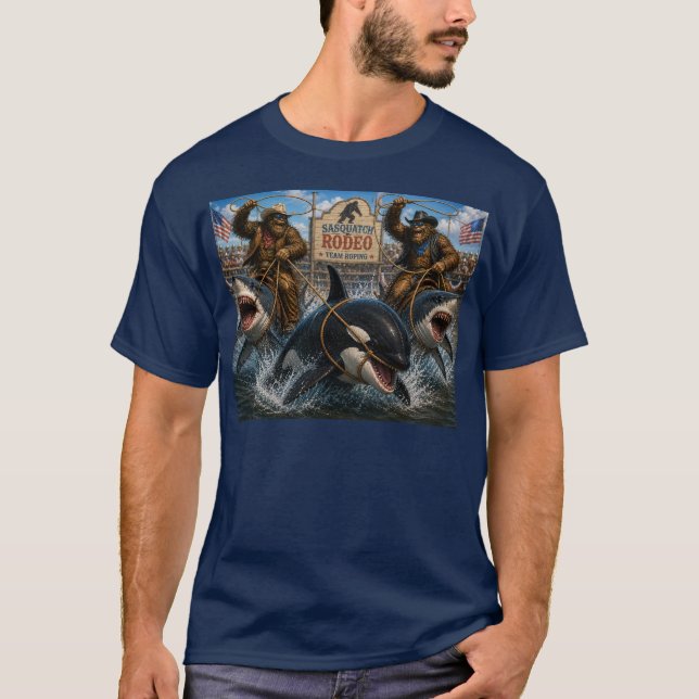 Camiseta Equipe de Rodeio do Pé Grande laçando uma Baleia A (Frente)