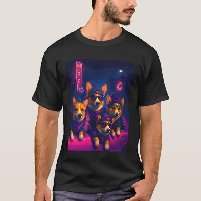 Camiseta Equipe de Rua de Synthwave Engraçado Welsh Corgi (Frente)