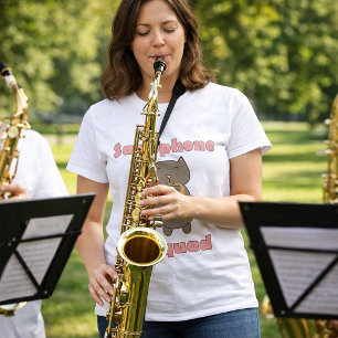 Camiseta Equipe de Saxofone Gato Marrom Fofo Rosa Engraçado