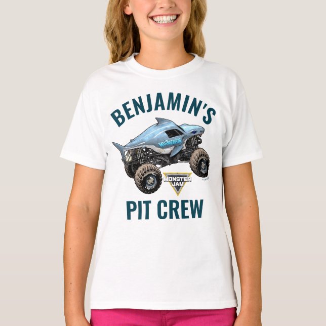Camiseta Equipe do Monster Jam Megalodon Pit Aniversário (Frente)