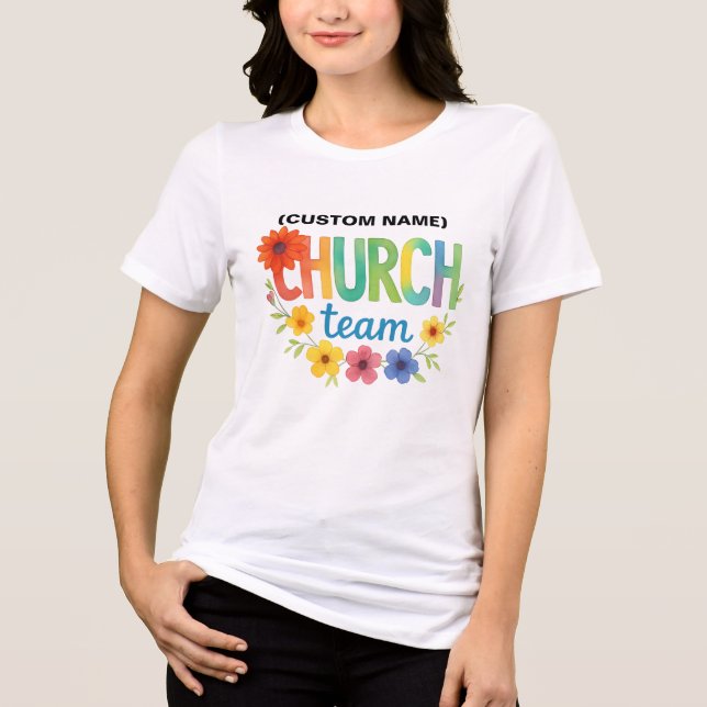 Camiseta Equipe Personalizada da Igreja - Flores e Cores (Frente)