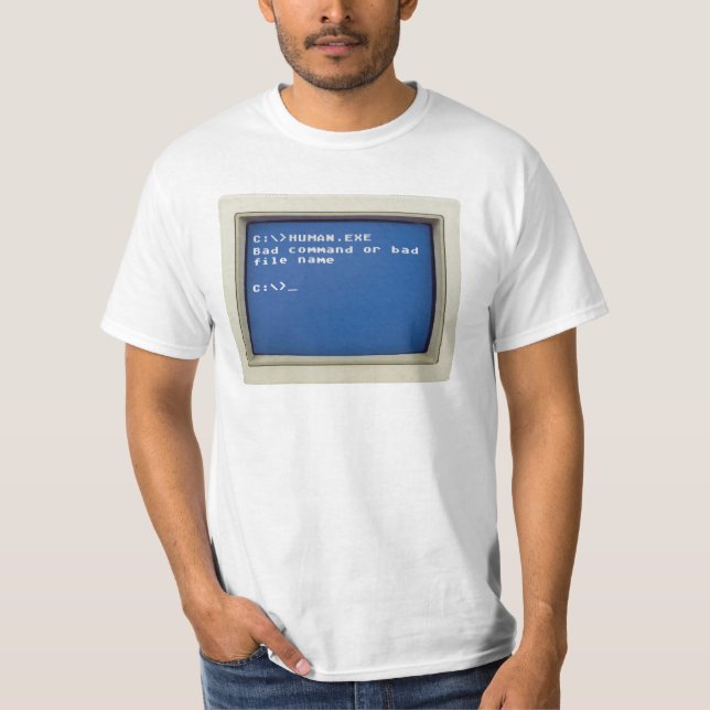 Camiseta Erro Retro DOS: C:\>HUMAN.EXE (Frente)