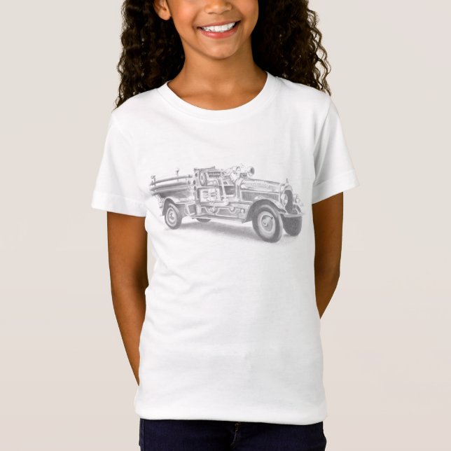 Camiseta esboço a lápis de caminhão de bombeiros antigo des (Frente)