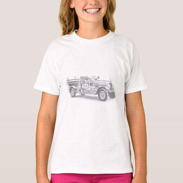 Camiseta esboço a lápis de caminhão de bombeiros antigo des (Frente)