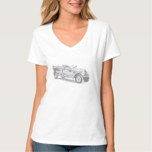 Camiseta esboço a lápis de caminhão de bombeiros antigo des