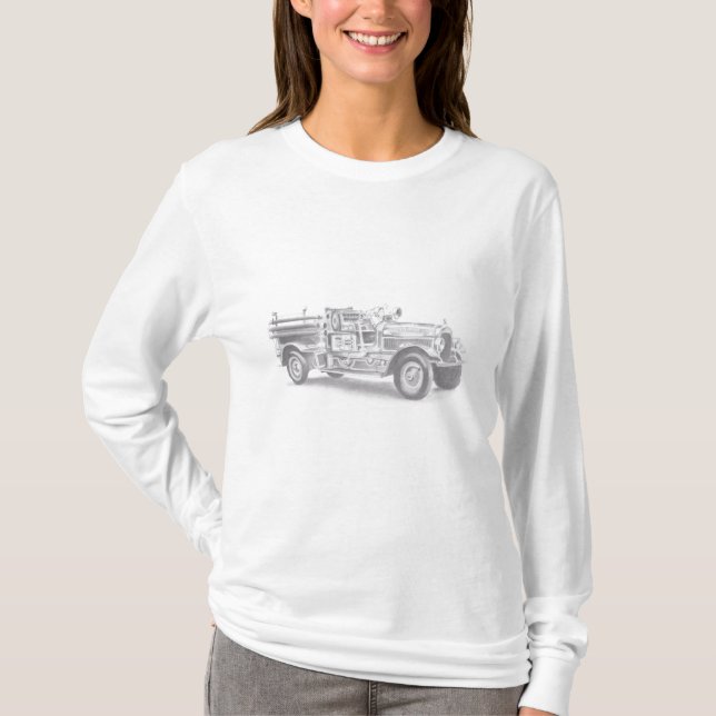 Camiseta esboço a lápis de caminhão de bombeiros antigo des (Frente)