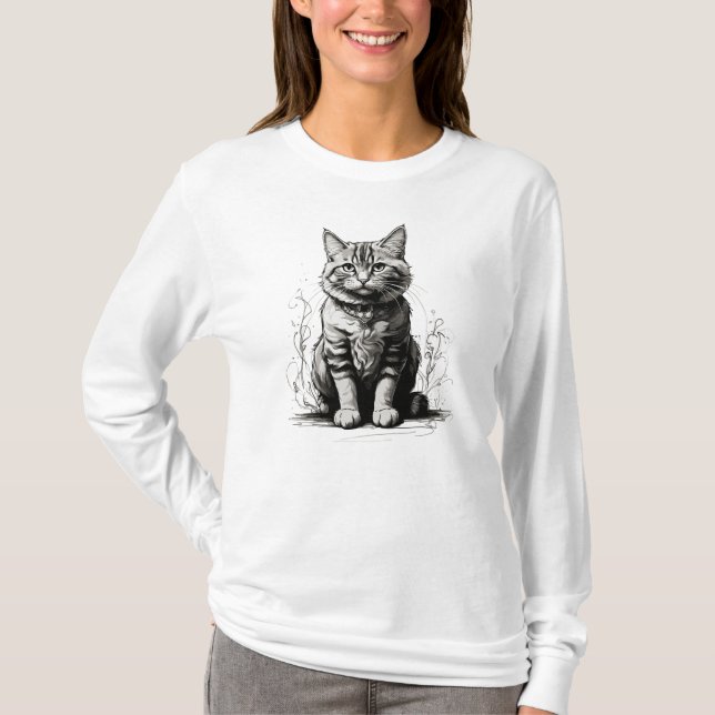 Camiseta Esboço a Lápis de Gato Fofo (Frente)