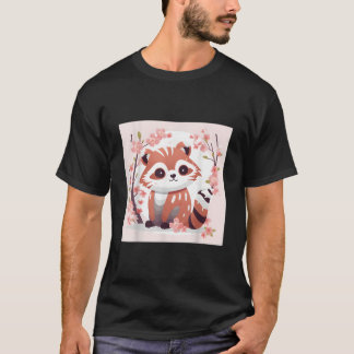 Camiseta Esboço Adorável de Panda Vermelho e Flor de Cereje