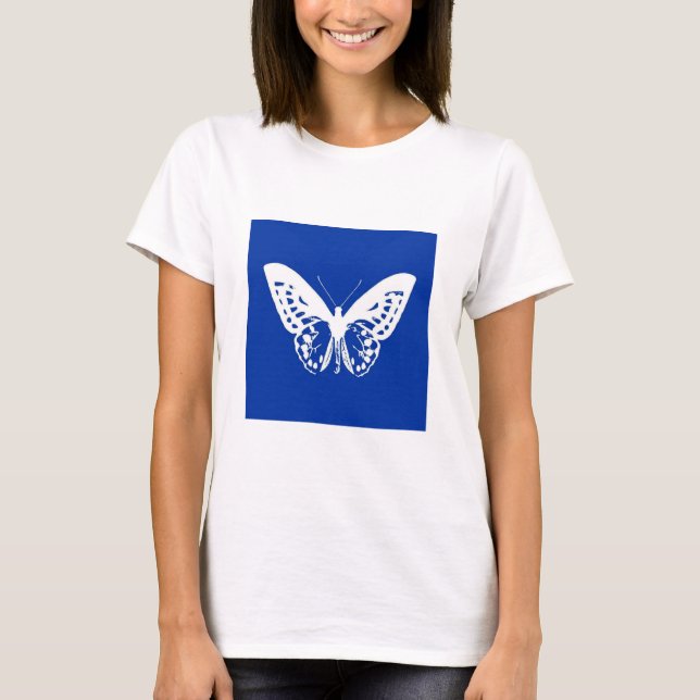 Camiseta Esboço de borboleta, azul cobalto e branco (Frente)
