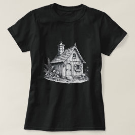 Camiseta Esboço de Cabana Vintage Arte Cottagecore