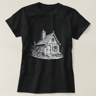 Camiseta Esboço de Cabana Vintage Arte Cottagecore