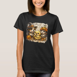 Camiseta Esboço de cachorro e gato do Halloween alimentando