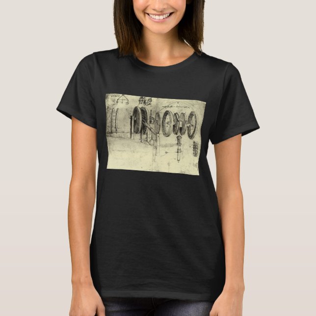 Camiseta Esboço de Engenharia de uma Roda de Leonardo da Vi (Frente)