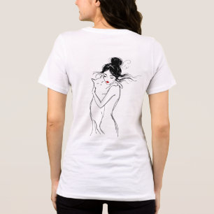 Camiseta Esboço de Mulher Abraçando Gato em Arte L