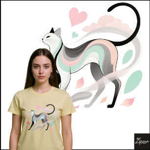 Camiseta Esboço Minimalista de Gato em Rosa Pastel com Cora