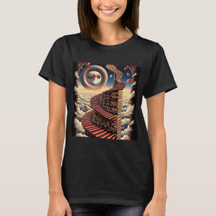 Camiseta Escadaria de Livros – Design de Fantasia Surreal