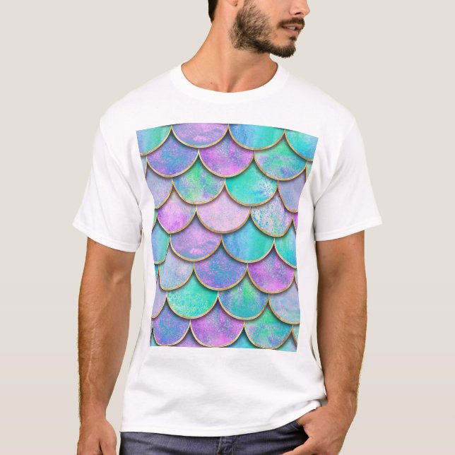 Camiseta Escalas de sereia: padrão de ondas de aquarela. (Frente)