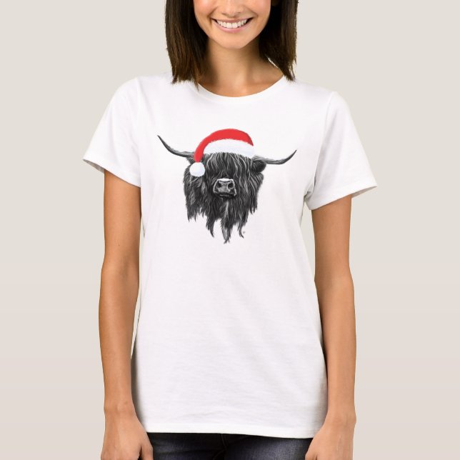 Camiseta Escócia Highland Cow Christmas Santa Hat (Frente)