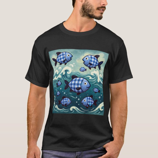 Camiseta Escola de Peixes Xadrez Azul (Frente)