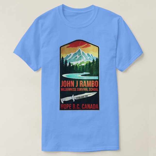 Camiseta Escola de Sobrevivência de John J Rambo (Frente do Design)