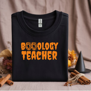 Camiseta Escola halloween Boo professor tipografia laranja