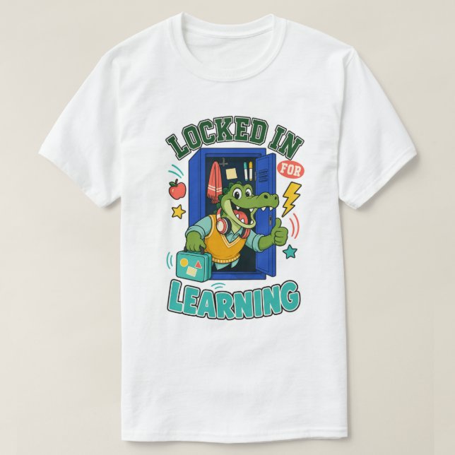 Camiseta Escolar de Jacaré Preso para Aprender (Frente do Design)