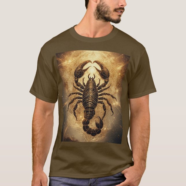 Camiseta Escorpião sobre um Astral de Ouro Detalhado Mandal (Frente)