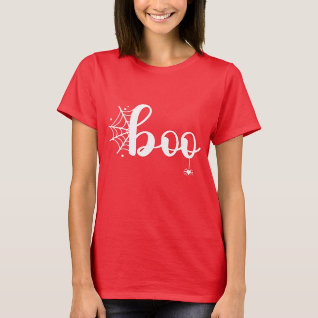 Camiseta Escrito "Boo" bonito de Halloween com aranha e Web (Frente)