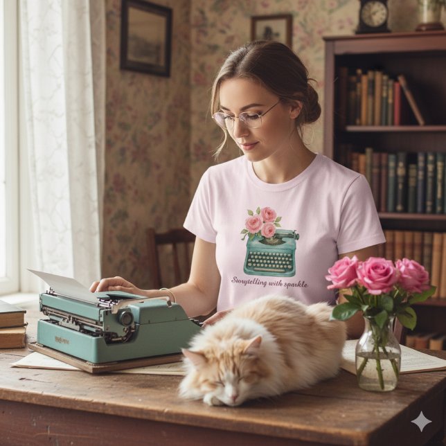 Camiseta Escritor de Contabilidade de Digitalização de Vint (Vintage typewriter charm meets storytelling style—pink T-shirt with roses and Maine Coon cat. )