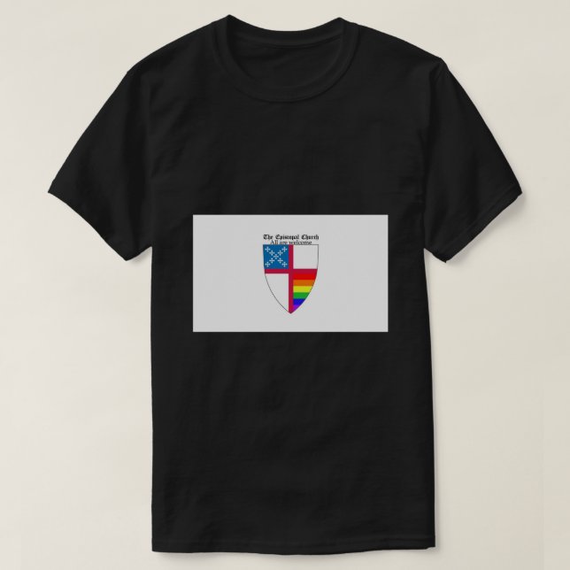 Camiseta Escudo Episcopal da Igreja com Rainbow Pride Horiz (Frente do Design)
