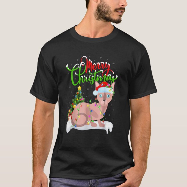 Camiseta Esfinge Engraçado Gato Xmas Iluminando Sphynx Nata (Frente)