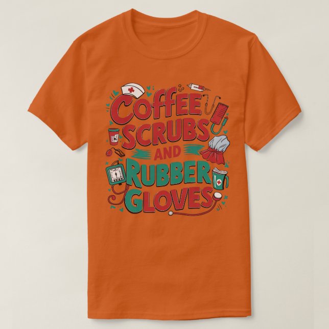 Camiseta esfregões de café e luvas de borracha (Frente do Design)