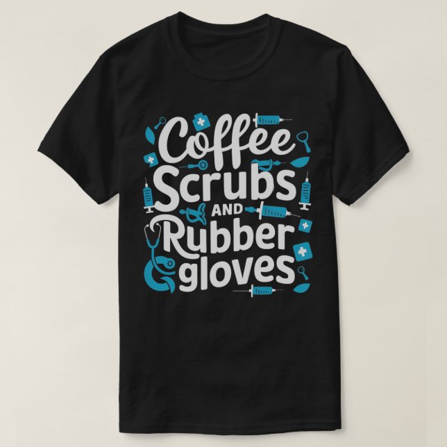 Camiseta esfregões de café e luvas de borracha 1 (Frente do Design)
