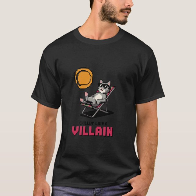 Camiseta Esfriando Como Um Vilão Pixel Gato Humor (Frente)