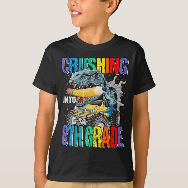 Camiseta Esmagando no Monstro da 8ª Série Dinossauro de Cam (Frente)