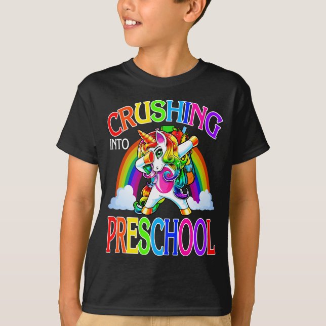 Camiseta Esmagando No Pré-Escolar Unicórnio De Volta À Esco (Frente)