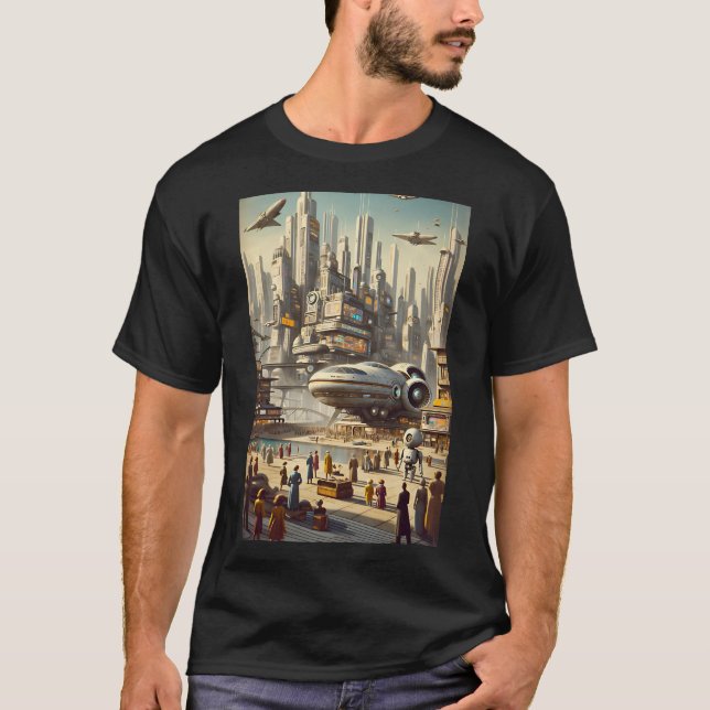 Camiseta Espaco de Busca Retro-Futurística Sci-Fi (Frente)