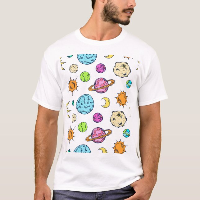 Camiseta Espaços Doodles Fundo Cósmico (Frente)