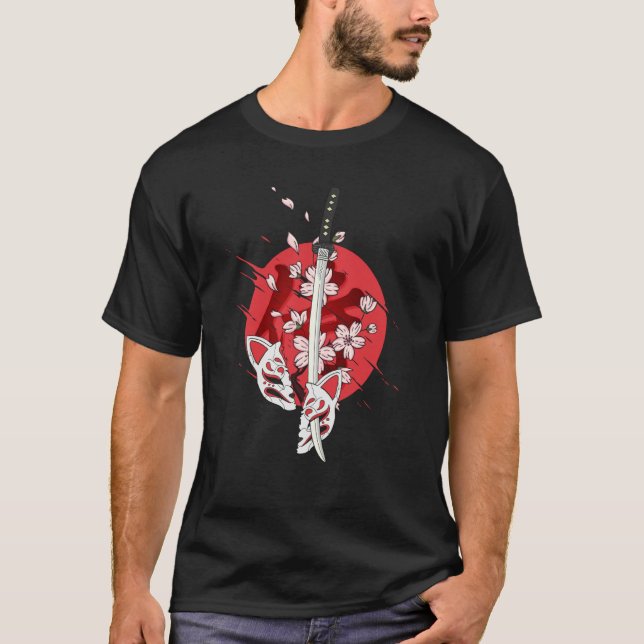 Camiseta Espada Katana de Samurai Japonês Antigo Flor de Ce (Frente)