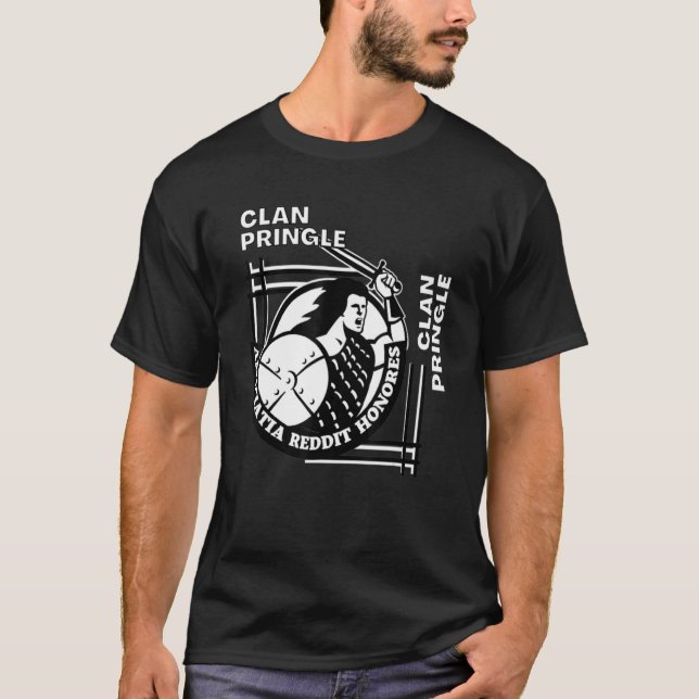 Camiseta Espadachim do Lema Gaélico do Clã Pringle (Frente)