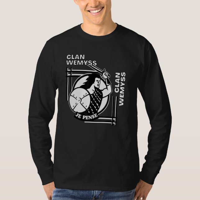 Camiseta Espadachim do Lema Gaélico do Clã Wemyss (Frente)